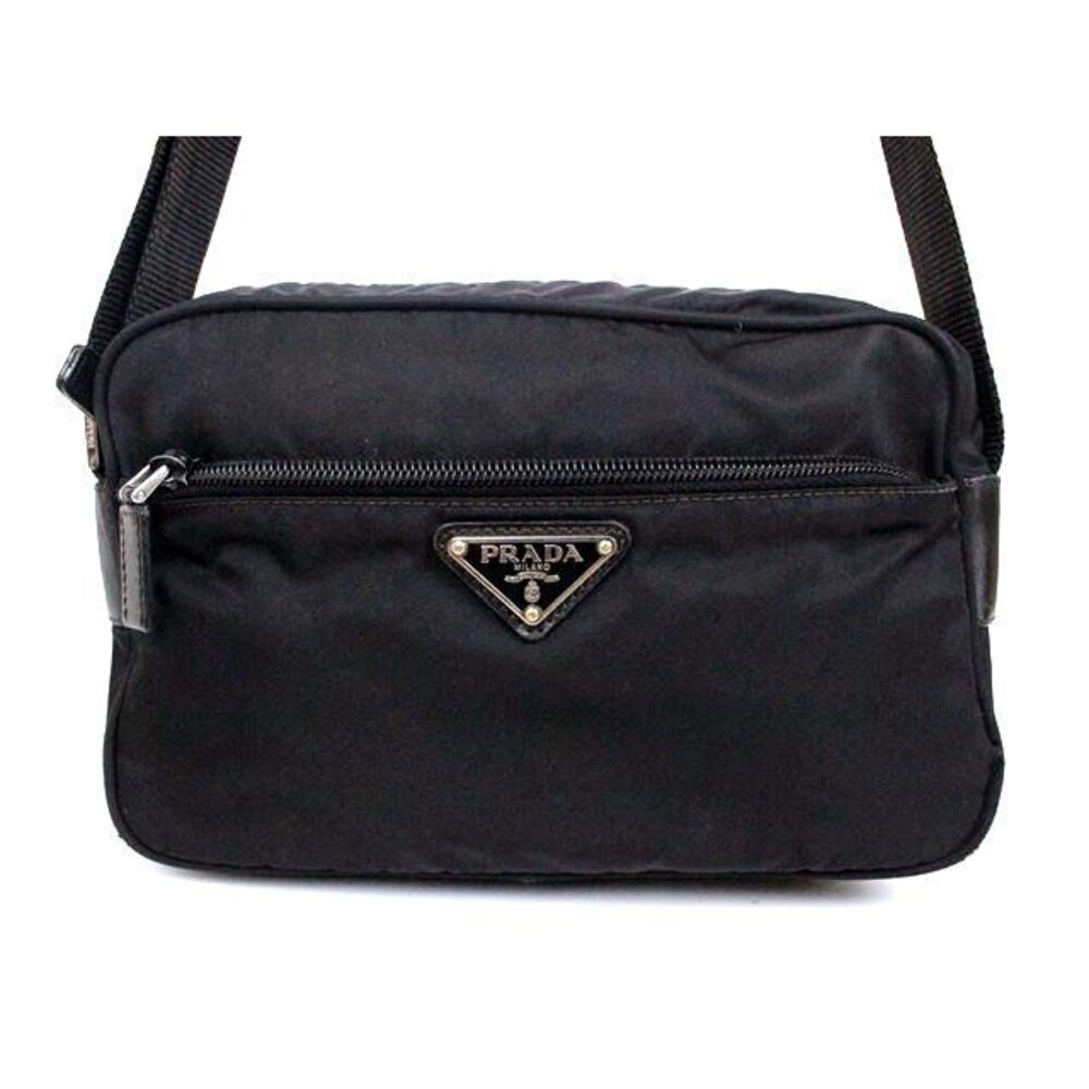 PRADA camera bag shoulder bag Black silver hardware Mens Logo